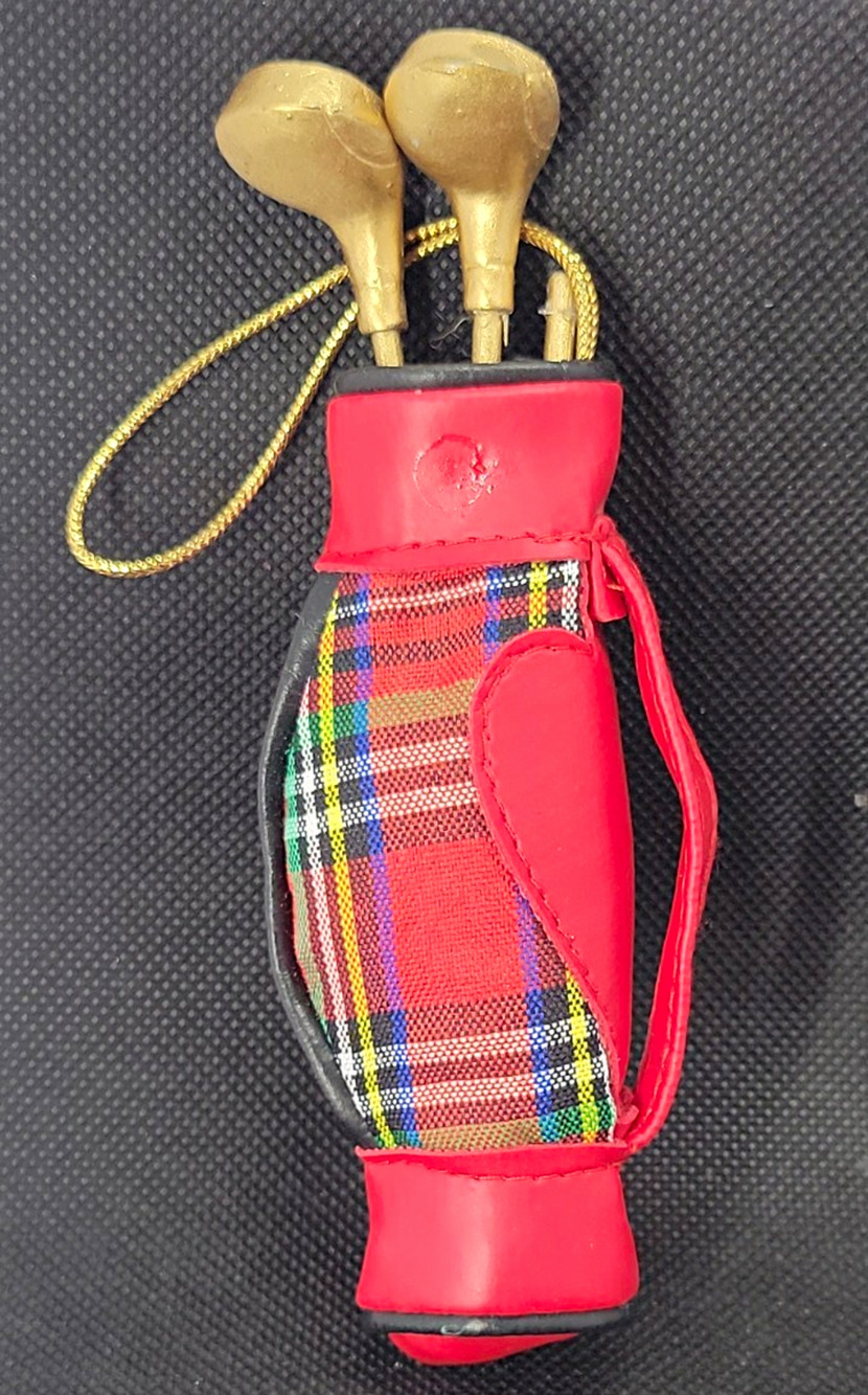 Mini Golf Bag w/ Clubs Hanging Ornament Red Plaid Tartan Decor 5 in